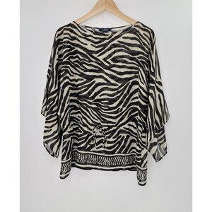 CHAPS Zebra Print Sheer Blouse Kimono Sleeve Animal Print Sz M Boho Tie‎ Waist